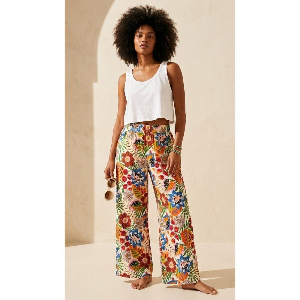 C&C California Tropical Elastic Waist Linen Wide Leg Pants XL Summer Vacaion